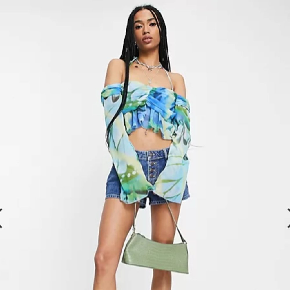 NWOT Bershka bardot frill detail blouse in 90s blue butterfly print